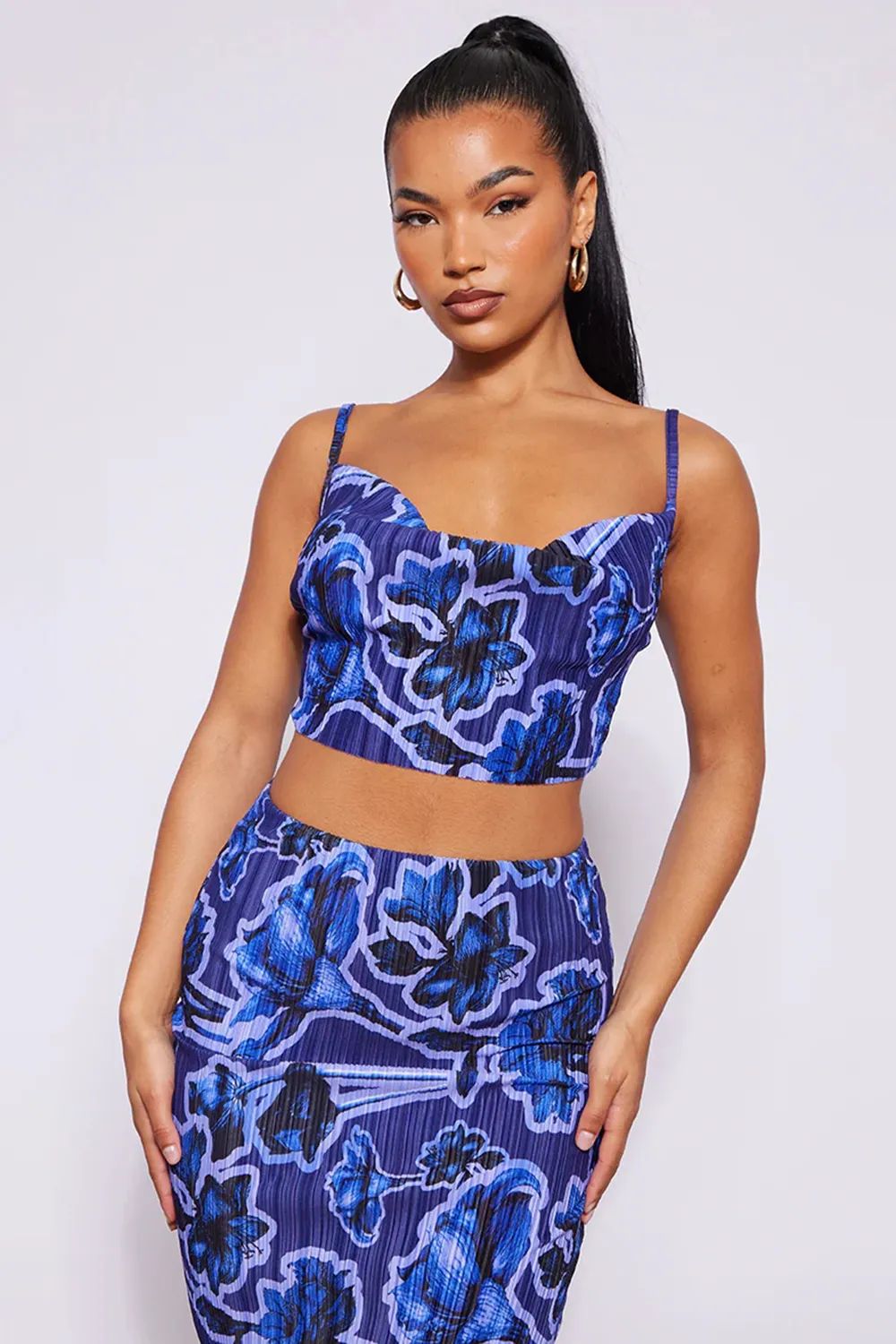Blue Print Plisse Strappy Cowl Neck Top And Skirt Set