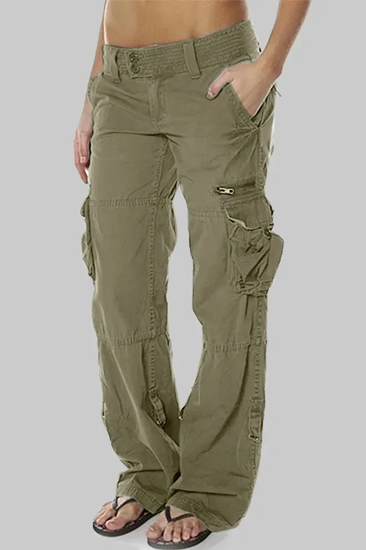 Flap Pocket Zip Detail Straight Leg Cargo Pants