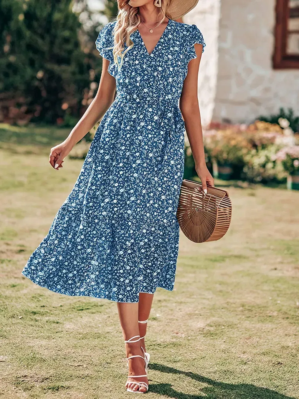 Women Summer Bohemian Floral Casual Wrap V Neck Ruffle Cap Sleeveless Belt A-Line Pleated Hem Swing Midi Sun Dress