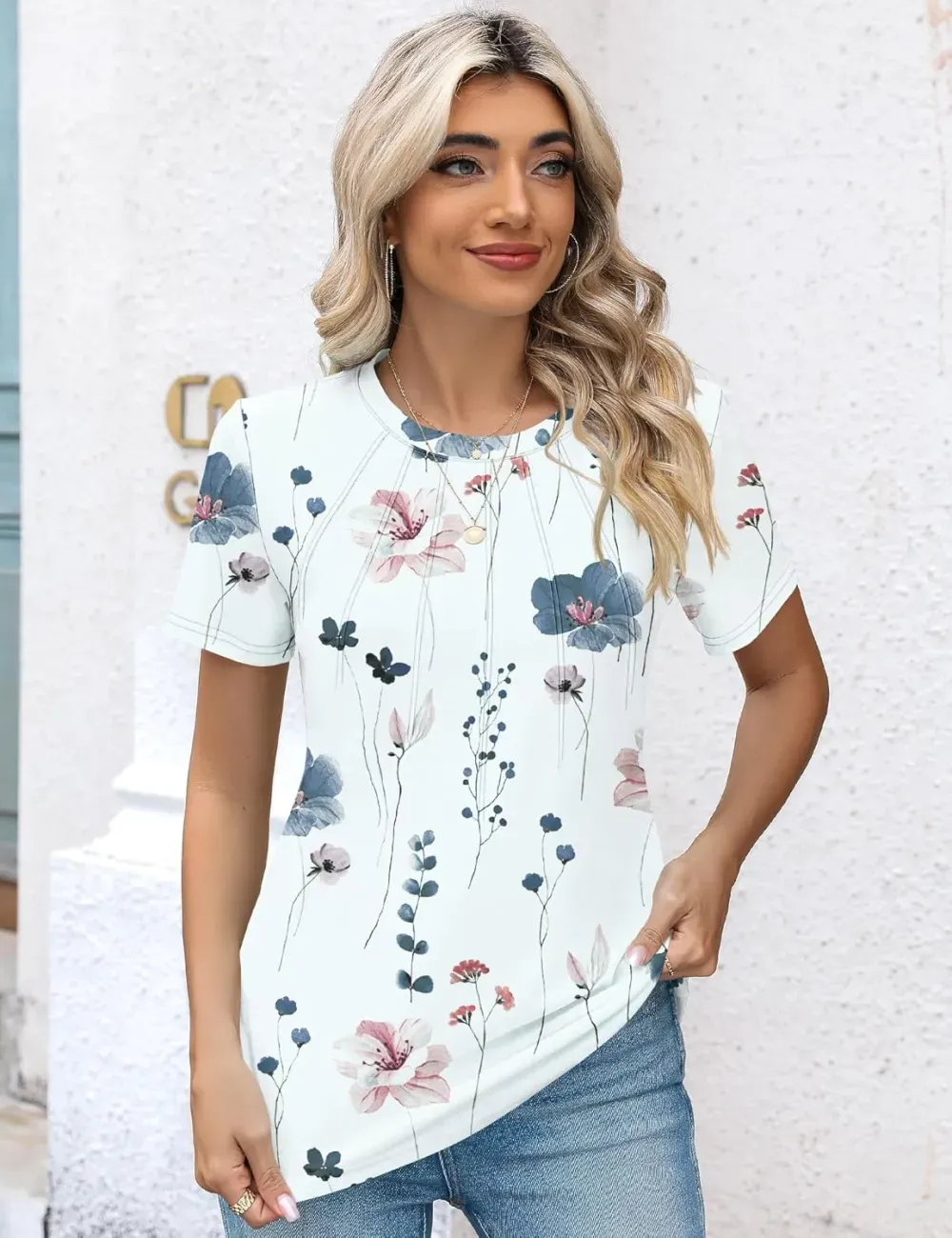 Kistore Womens Casual Crew Neck Short Sleeve Pleated Tops Blouses Fashion Clothes 2024