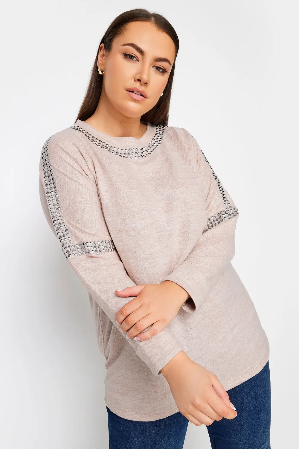 YOURS Curve Light Grey Stud Batwing Sleeve Jumper