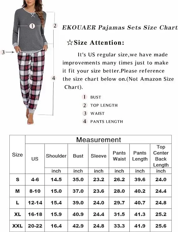 Women's Pajamas Sets Long Sleeve with Plaid Pants Soft Sleepwear O Neck 2 Piece Pjs Joggers Loung Set with Pockets