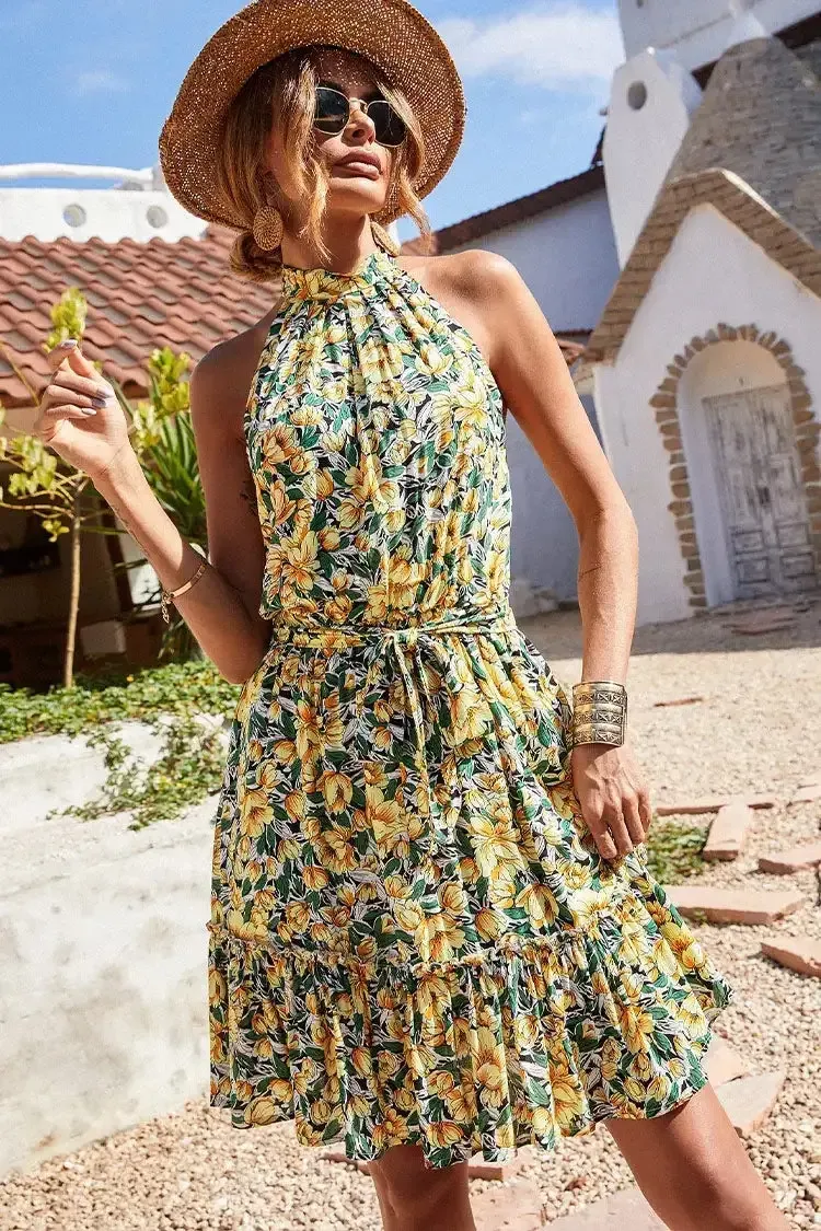 Halter Neck Summer Loose Sleeveless  Ruffle Belt Boho Floral Dress
