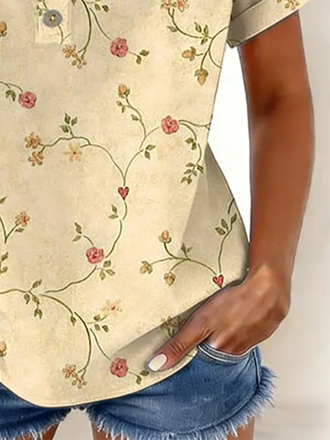Women's Casual Retro Cotton And Linen Print Shirt