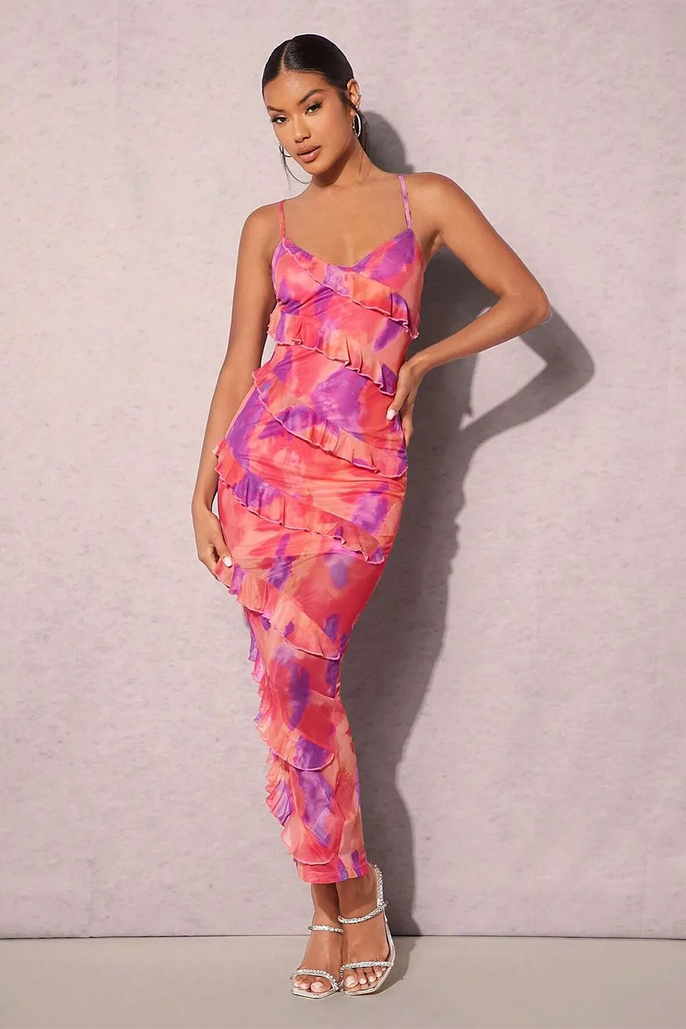 BAE Tie Dye Ruffle Trim Crisscross Backless Ruche
