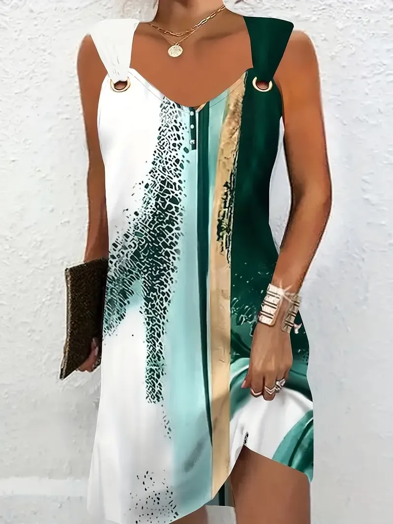 Color Block Sleeveless V-Neck Dress for Women, Casual Linked Ring Detail, Spring Summer Fashion