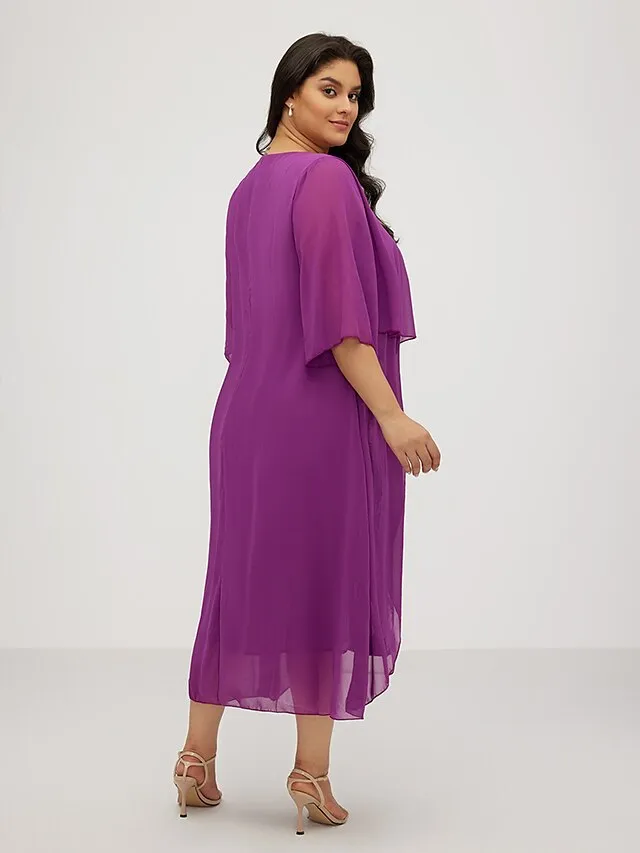 Women‘s Plus Size Curve Work Dress Floral V Neck Ruched 3/4 Length Sleeve Spring Summer Work Elegant Midi Dress  Layered Formal Vacation Dress Wedding Guest Dress