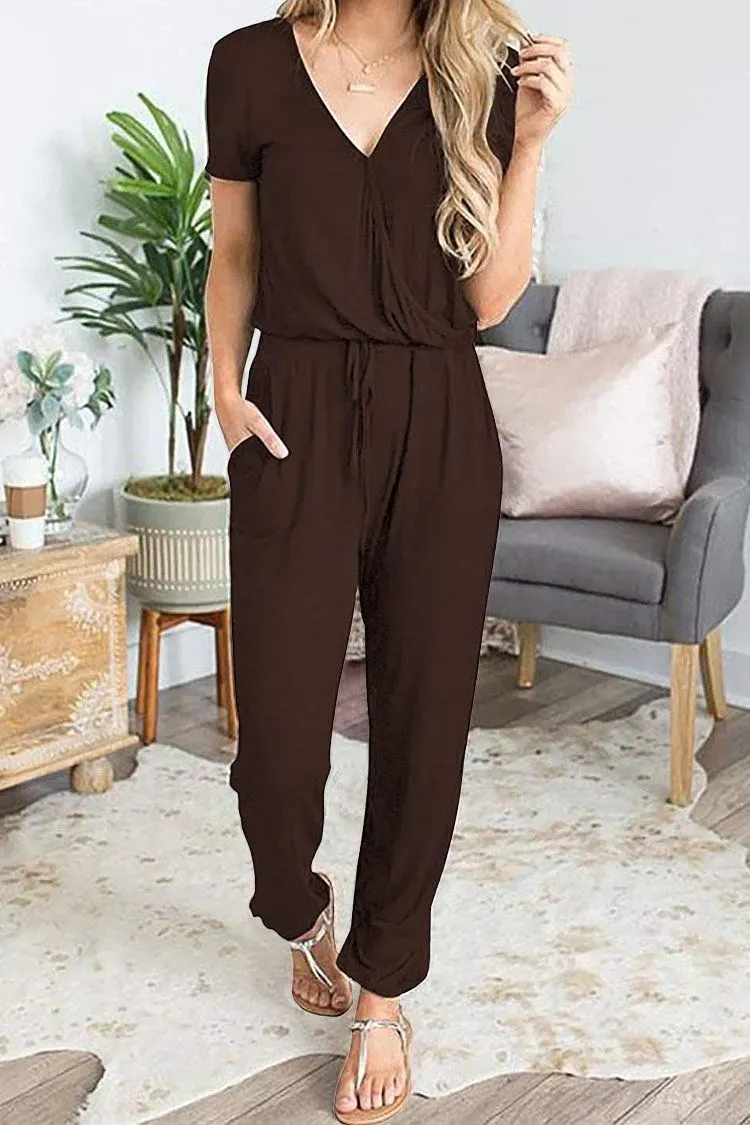 Deep V Neck Wrap Drawstring Waist Jumpsuit