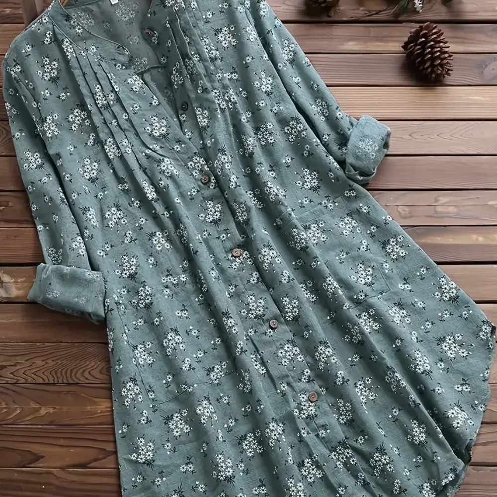 Plus Size Cotton Floral Print Long Sleeve Midi Top, Women's Plus Casual Button Front T-shirt