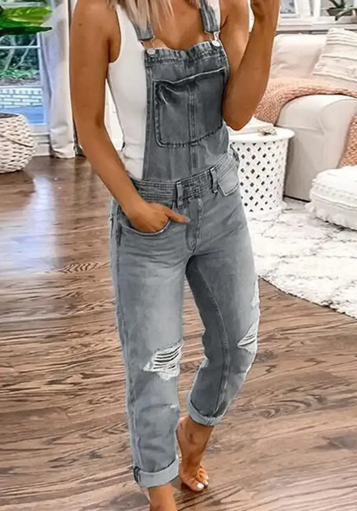 Spring Has Sprung Plain Denim Ripped Jumpsuit