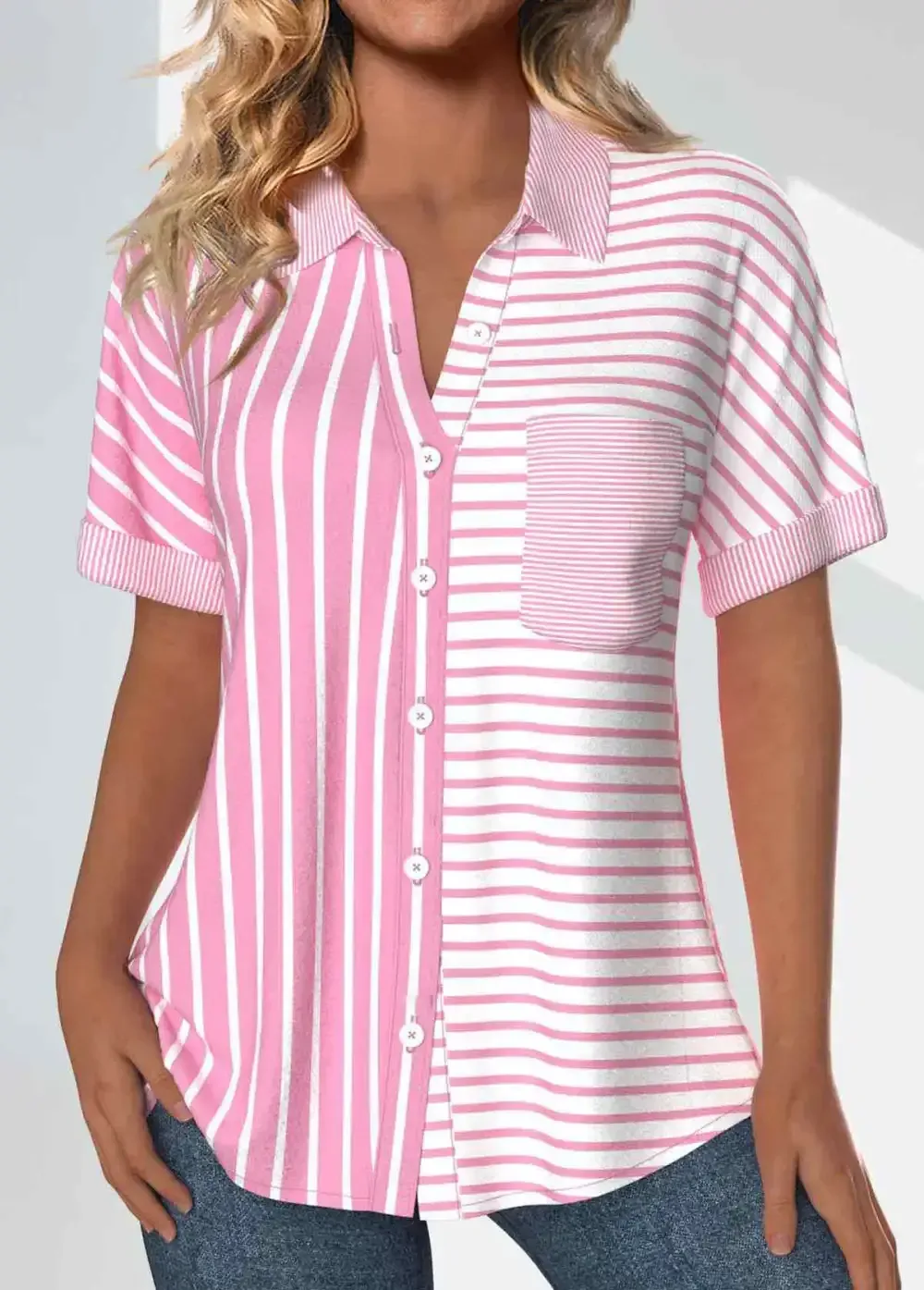 Pink Pocket Striped Short Sleeve Shirt Collar Blouse