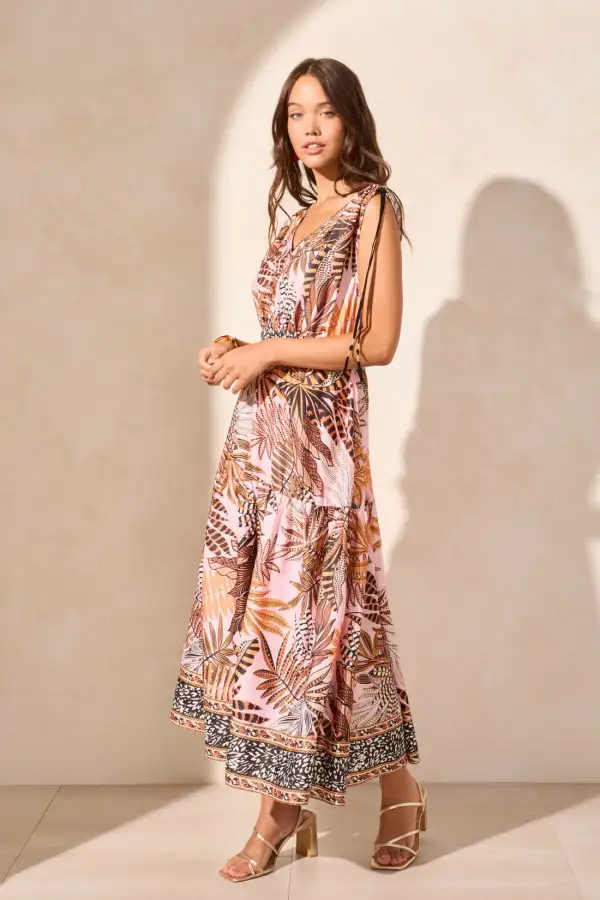 Printed Maxi Dress With Shoulder Ties-Goldensun