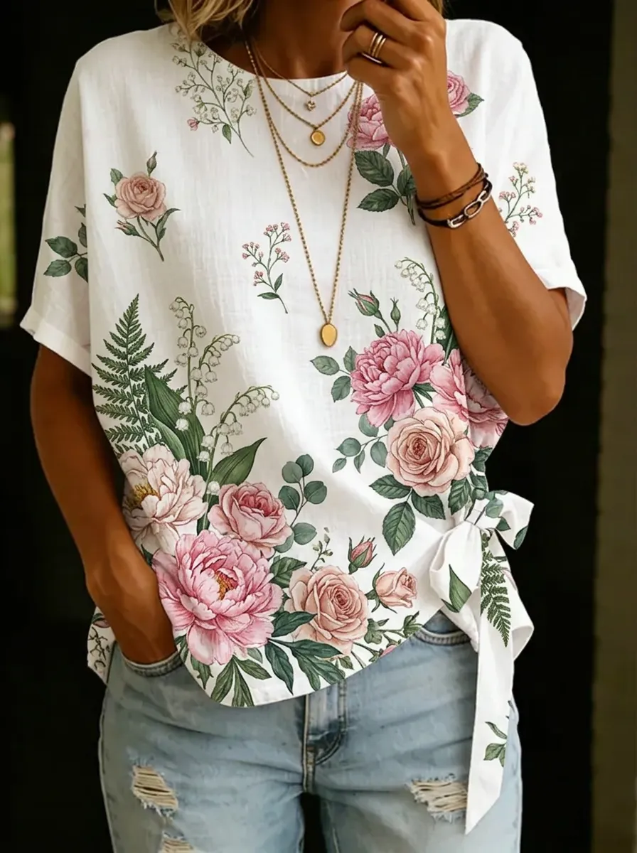 Women's Nashville Floral Peony Fern Printed Tie-Side Top