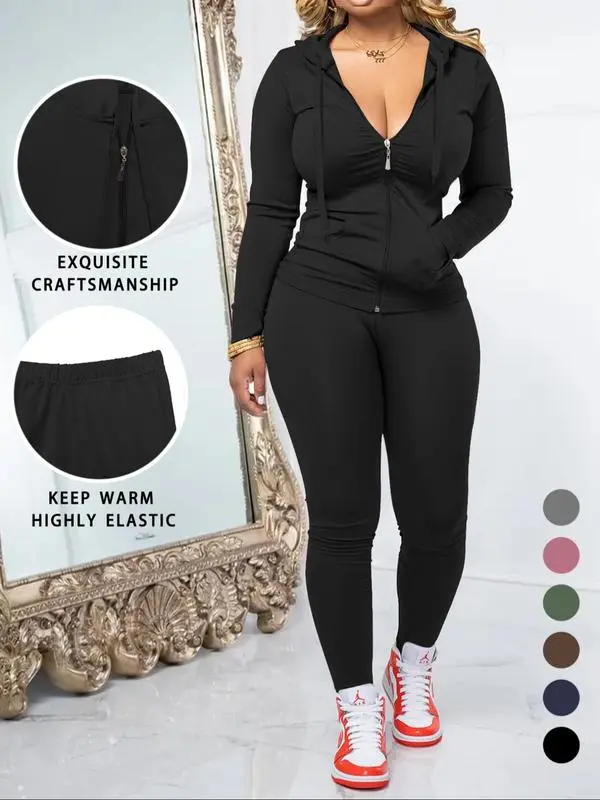 Women's Fall 2-Piece Set: Zipper Hoodie & Skinny Pants (Pocket Design)