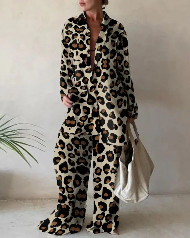 Fashion Print Loose Long Sleeve Shirt + Straight Pants Two Piece Set