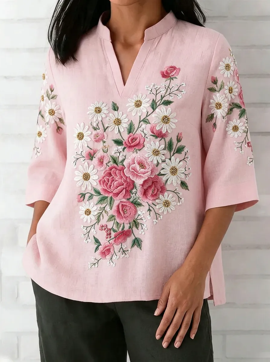 Women's Nashville Floral Daisy Rose Embroidered Printed Top