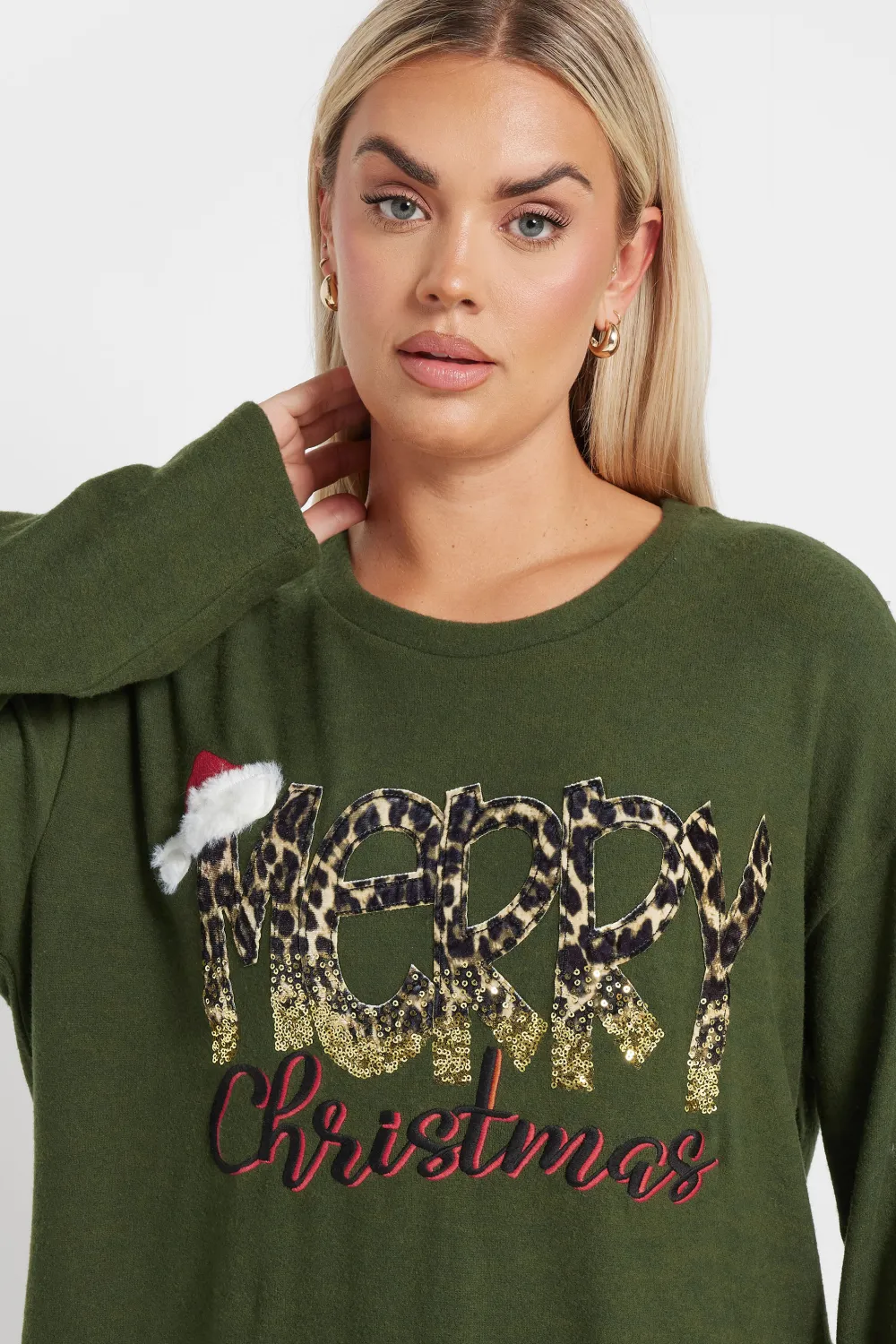 YOURS Curve Khaki Green 'Merry Christmas' Sequin Embellished Sweatshirt