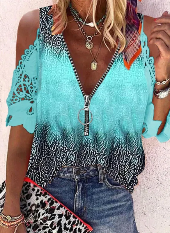 Print Lace Cold Shoulder 1/2 Sleeves Cold Shoulder Sleeve Casual Blouses
