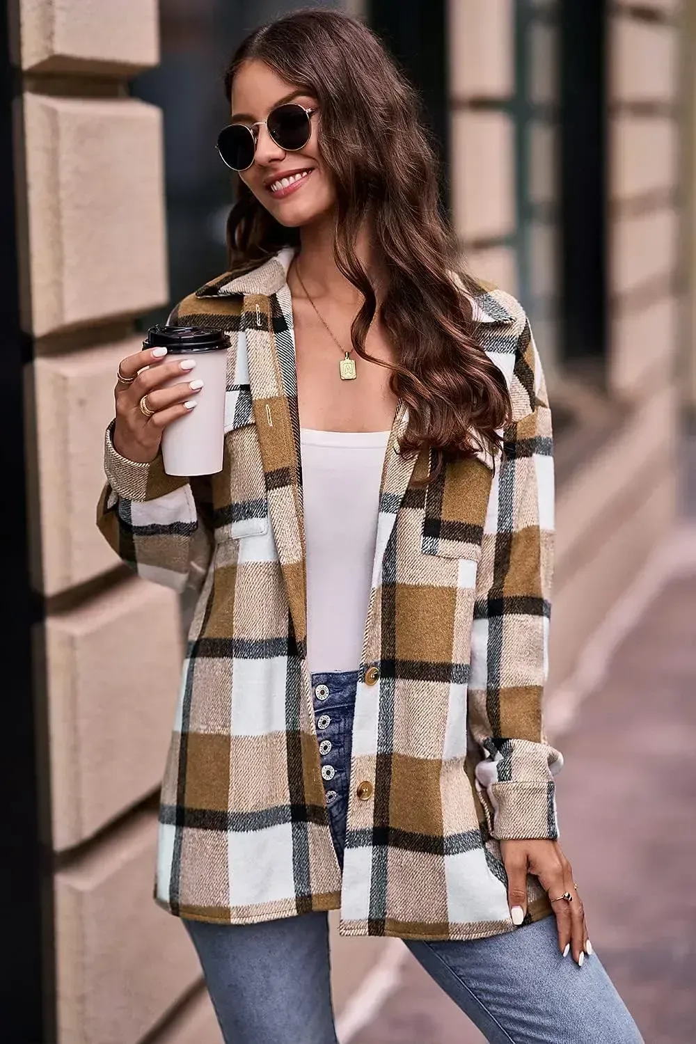 Women's 2023 Fall Clothes Plaid Shacket Jacket Long Sleeve Button Down Flannel Shirts Fashion Blouse