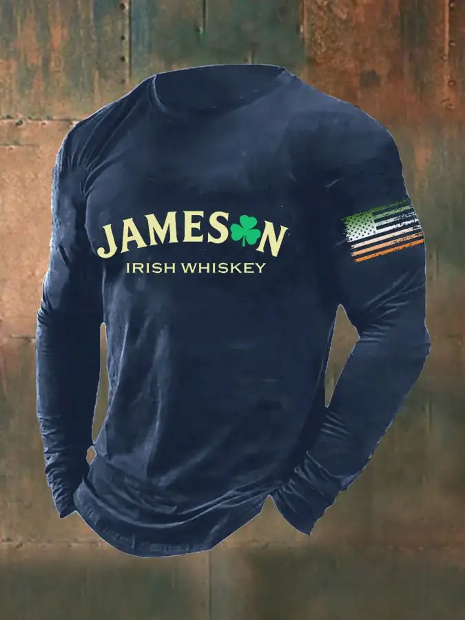 Men's St. Patrick’s Day Jameson Irish Whiskey Print Casual Long Sleeve T-Shirt