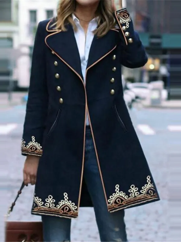 Women's Winter Coat Long Overcoat Fall Botton Lapel Pea Coat Floral Print Formal Comfortable Artistic Style Elegant Outerwear Long Sleeve Black S