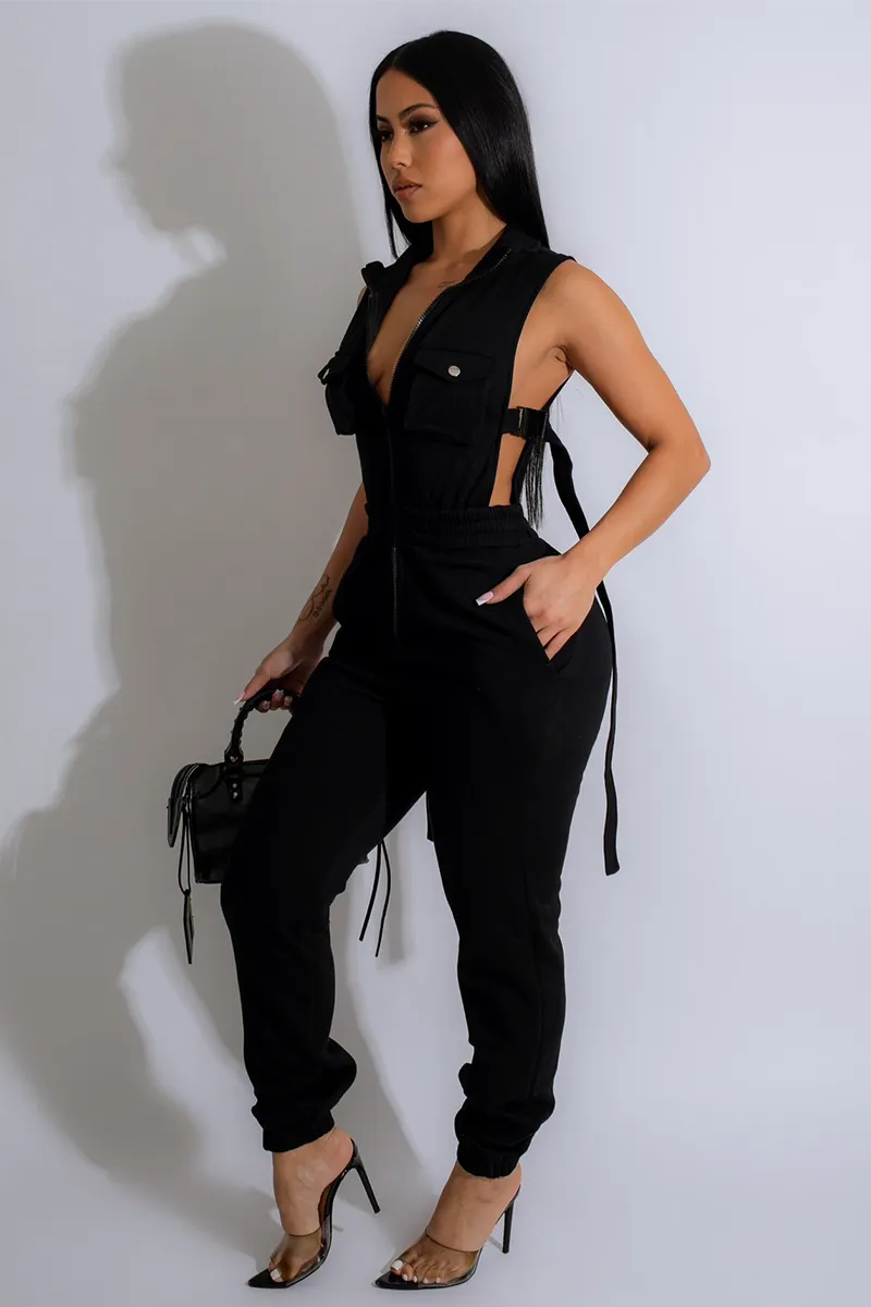 Sleeveless Side Buckle High Waist Solid Color Pocket Jumpsuit-Red