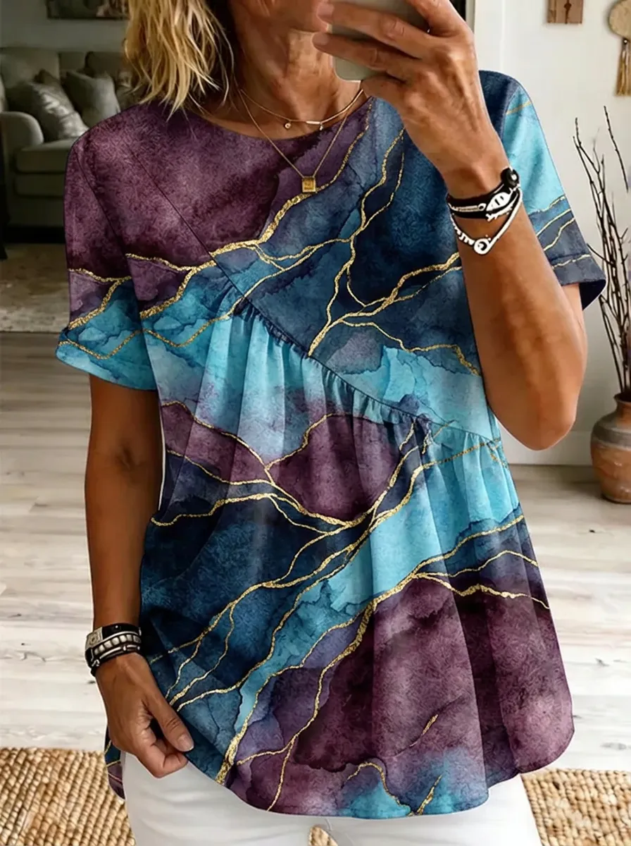 Women's Nashville Theme Marble Gold Vein Printed Tunic Top