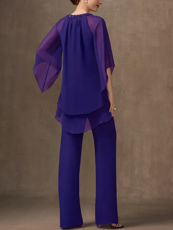 Chiffon Mother Sequin Top Trousers Set