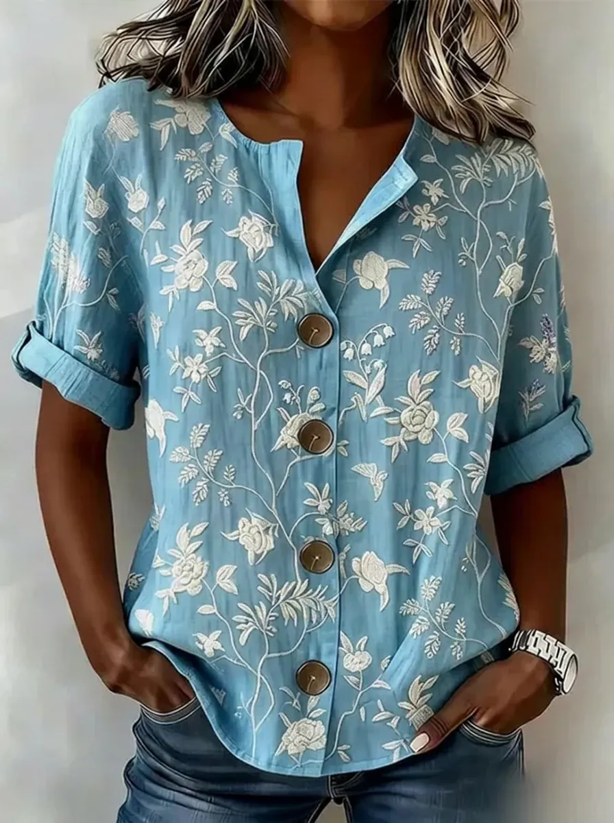 Women's Nashville Floral Embroidered Button-Down Printed Shirt