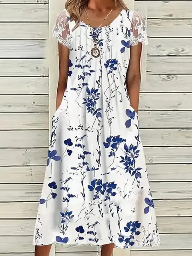 Women's Casual Dress Midi Dress White Short Sleeve Floral Ruched Dress