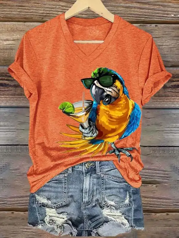 Women's Funny Drinking Parrot Print T-Shirt