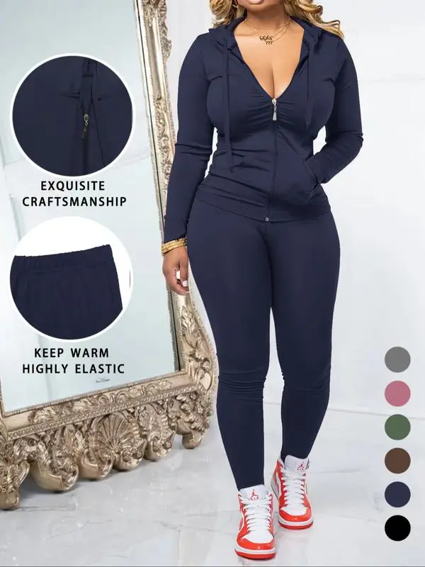 Women's Fall 2-Piece Set: Zipper Hoodie & Skinny Pants (Pocket Design)