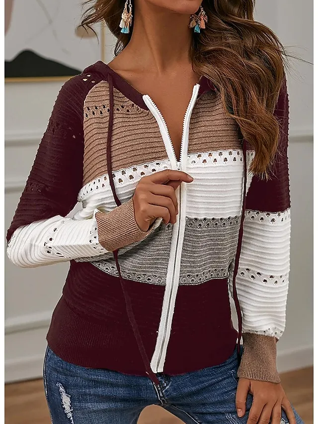Suéter feminino com capuz e malha canelada com zíper e patchwork Primavera e outono Exterior Diariamente Exterior Moda Casual Macia Manga Longa