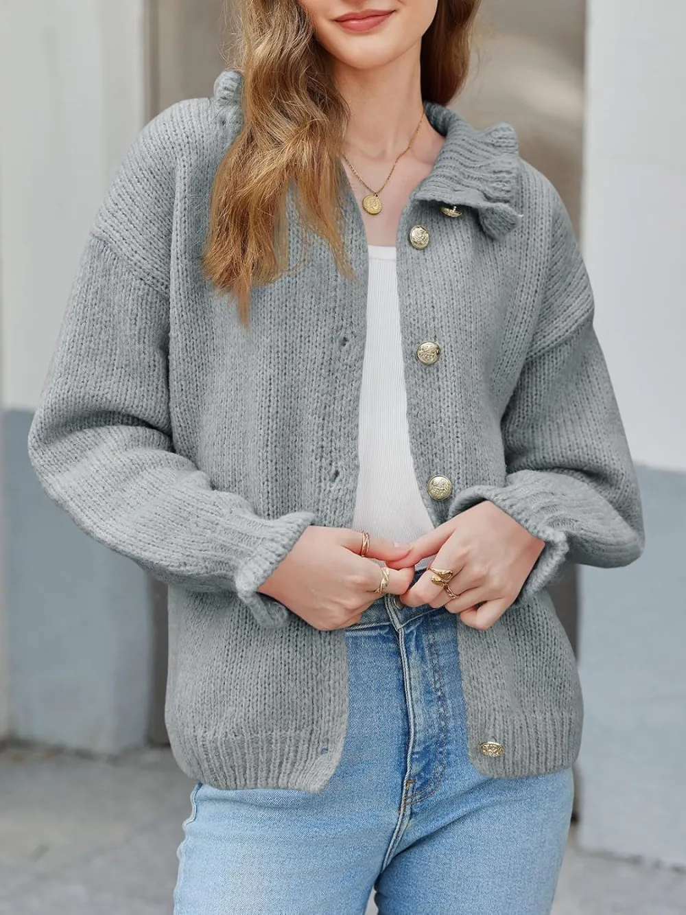 🎄Hot Sale Ruffle Cardigan Oversized Button Up Ribbed Knit Open Front Long Sleeve Loose Sweater