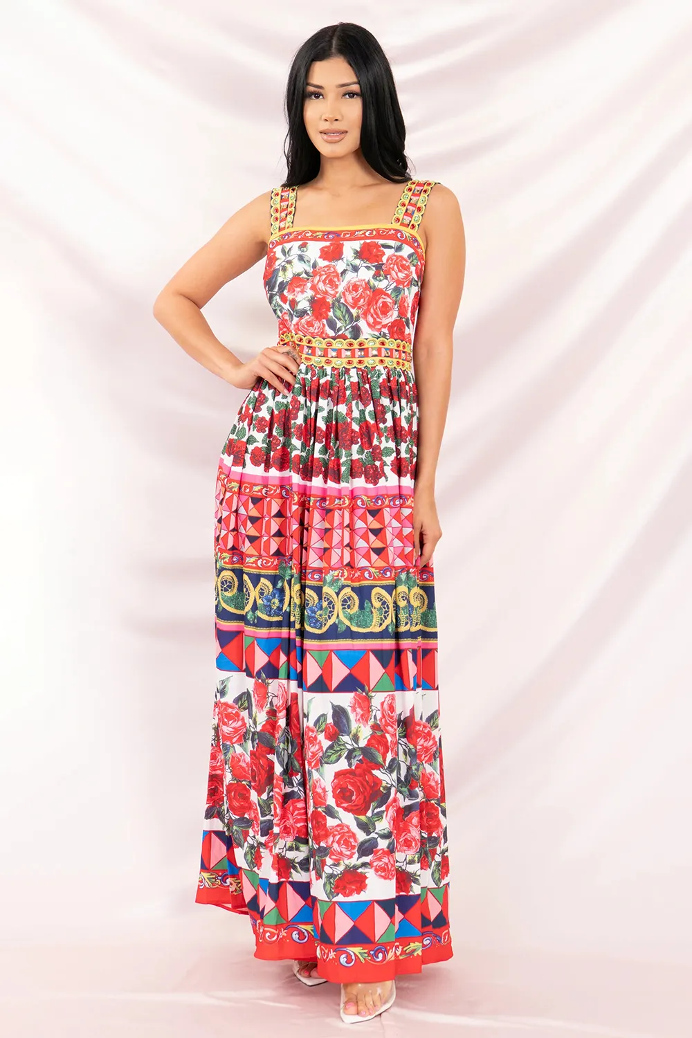 Fragmented Sleeveless Square Neck Printed Beaded Special Pleated Casual Dress