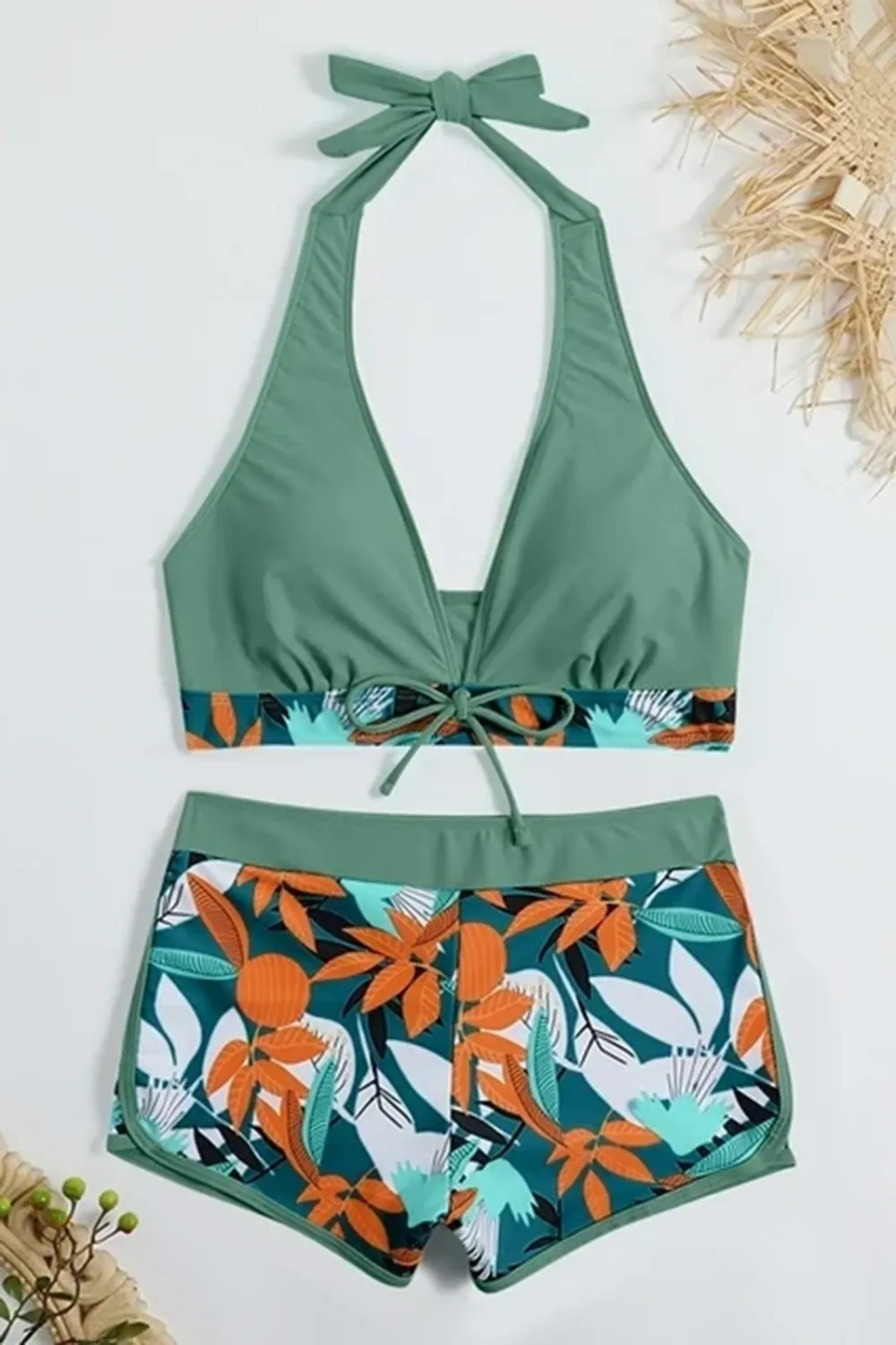 Sexy padded printed high-waisted patchwork swim trunks set