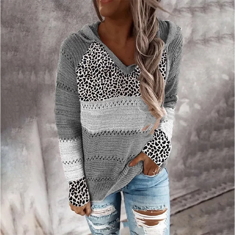 Striped & Leopard Patchwork V-Neck Hooded Sweater