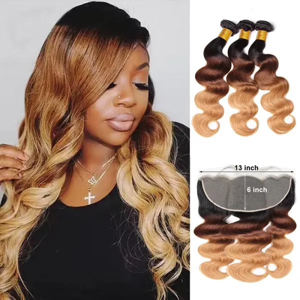 Sterly Colored Body Wave Bundles With 5×5 Lace Closure T1B/4/27 Ombre Human Bundles With 13x6 Lace Frontal