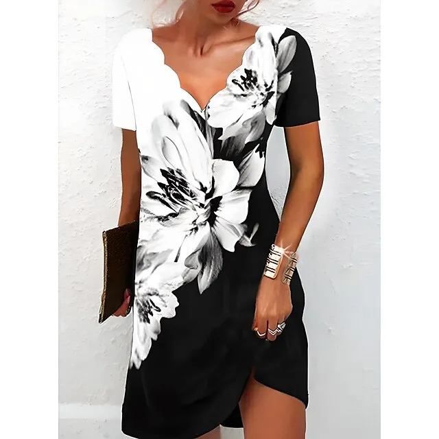 Women's Casual Dress Shift Dress Floral Dress Mini Dress Black And White Black White Short Sleeve Floral Print Summer Spring Scalloped Neck Fashion Vacation 2023 S M L XL XXL 3XL