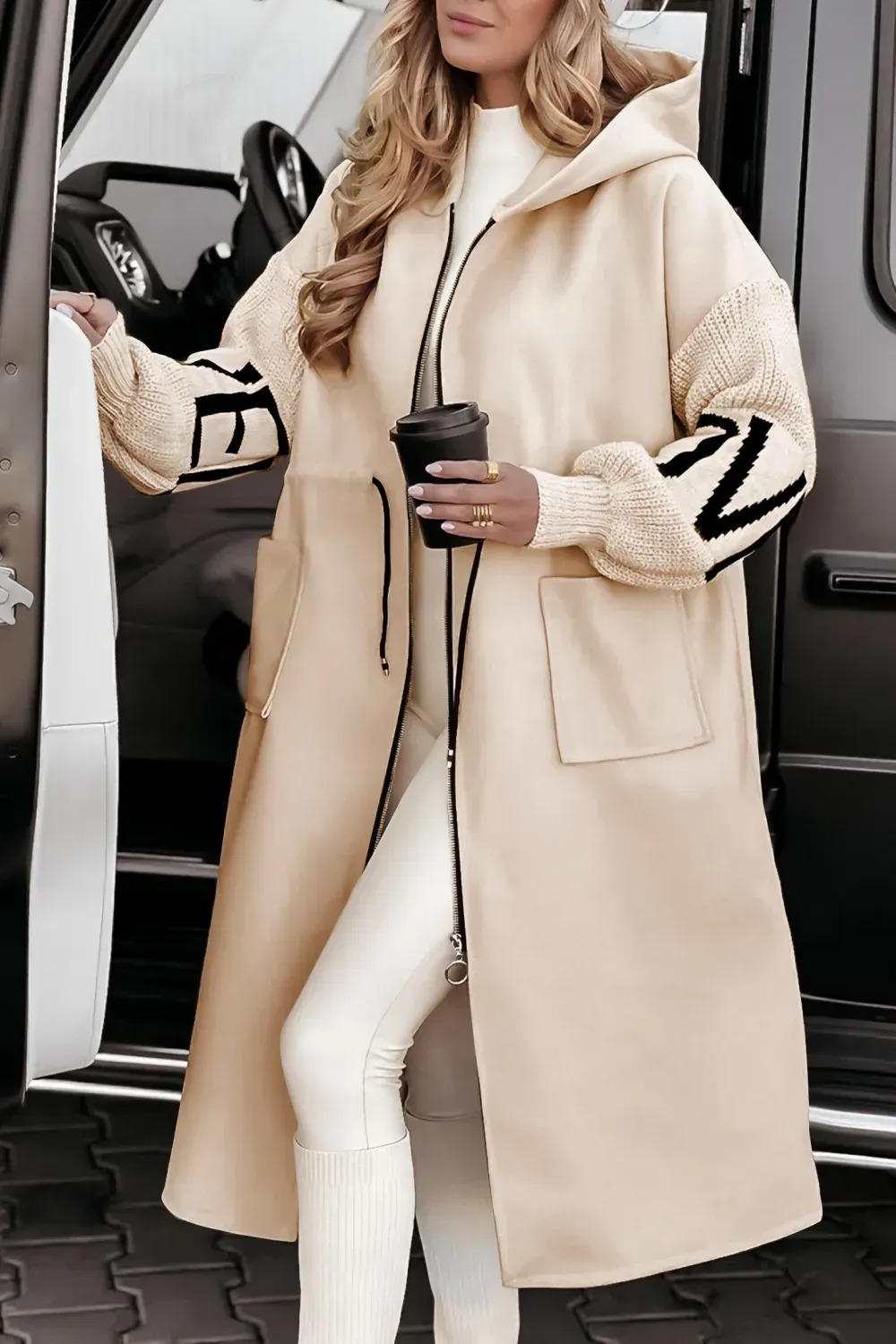 Women's Hooded Long Sleeve Knitted Sleeves Patchwork Casual Jacket