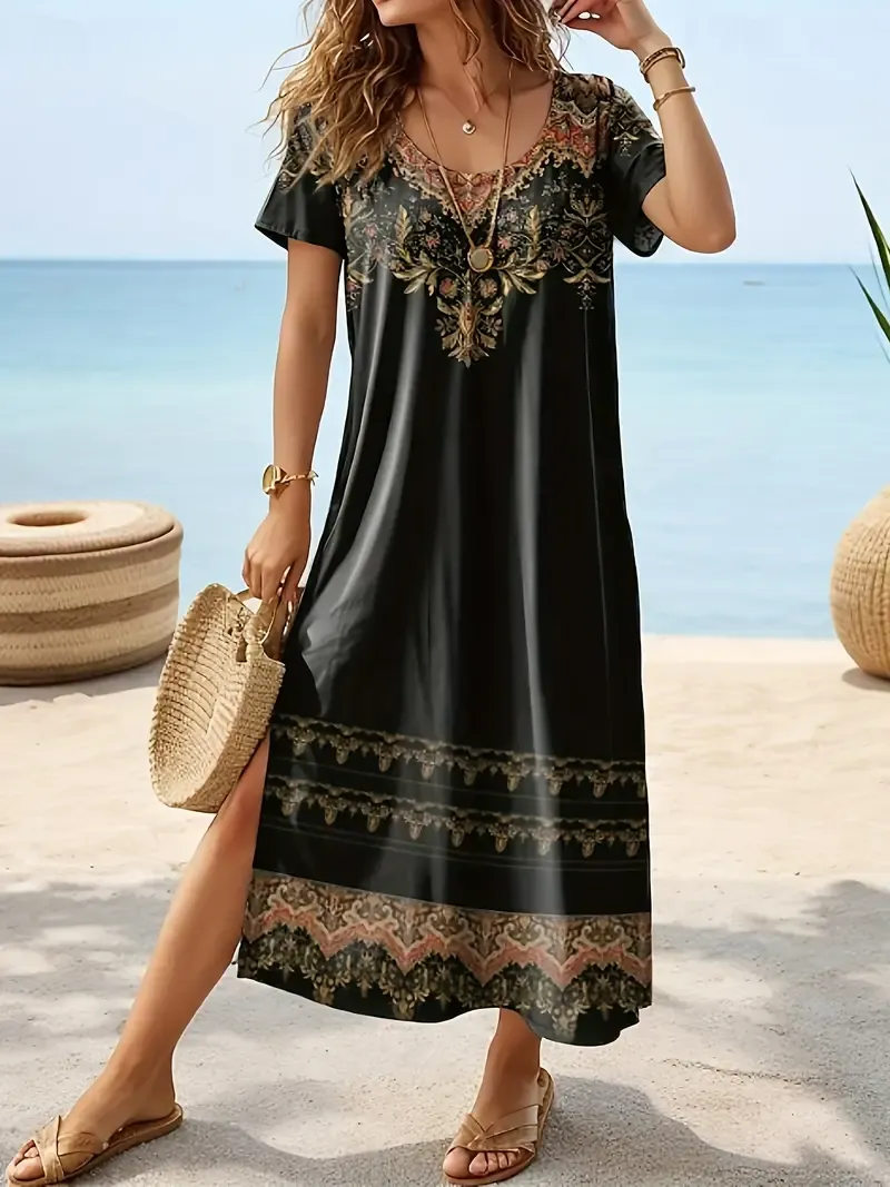 Plus Size Ethnic Print Split Side Dress, Boho Short Sleeve Crew Neck Midi Dress For Spring & Summer, Women's Plus Size Clothing