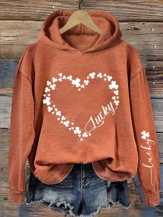 Women's St. Patrick's Day Heart Shamrock Print Hooded Sweatshirt