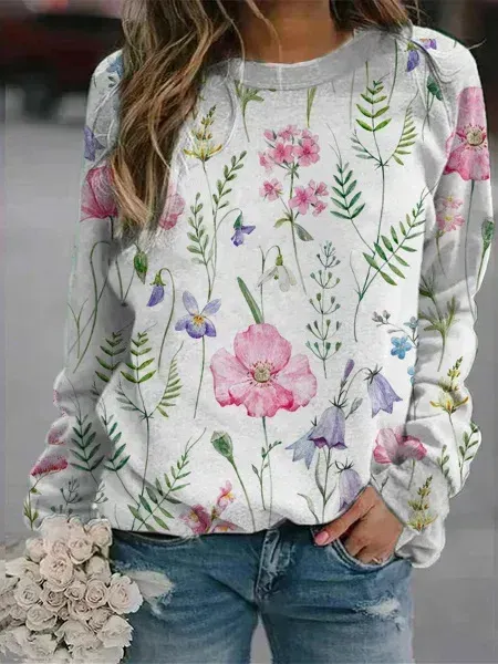 Floral Crew Neck Long Sleeves Sweatshirts
