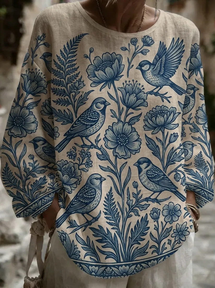 Women's Nashville Nature Lover Bird Floral Printed Long Sleeve Top