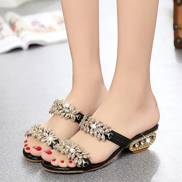 Women's Sandals Sparkly Sandals Outdoor Daily Beach Summer Sparkling Glitter Chunky Heel Open Toe Elegant Sweet Walking Shoes PU Leather Loafer Solid Colored Black Silver Gold
