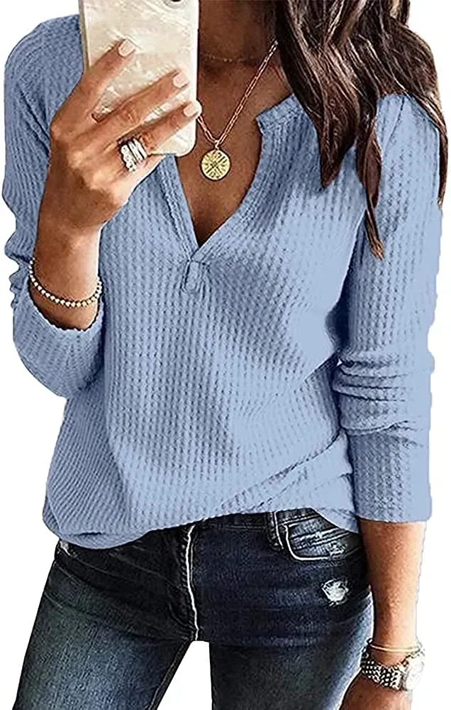 Women's V Neck Waffle Knit Henley Tops Casual Long Sleeve Pullover Sweater Blouses