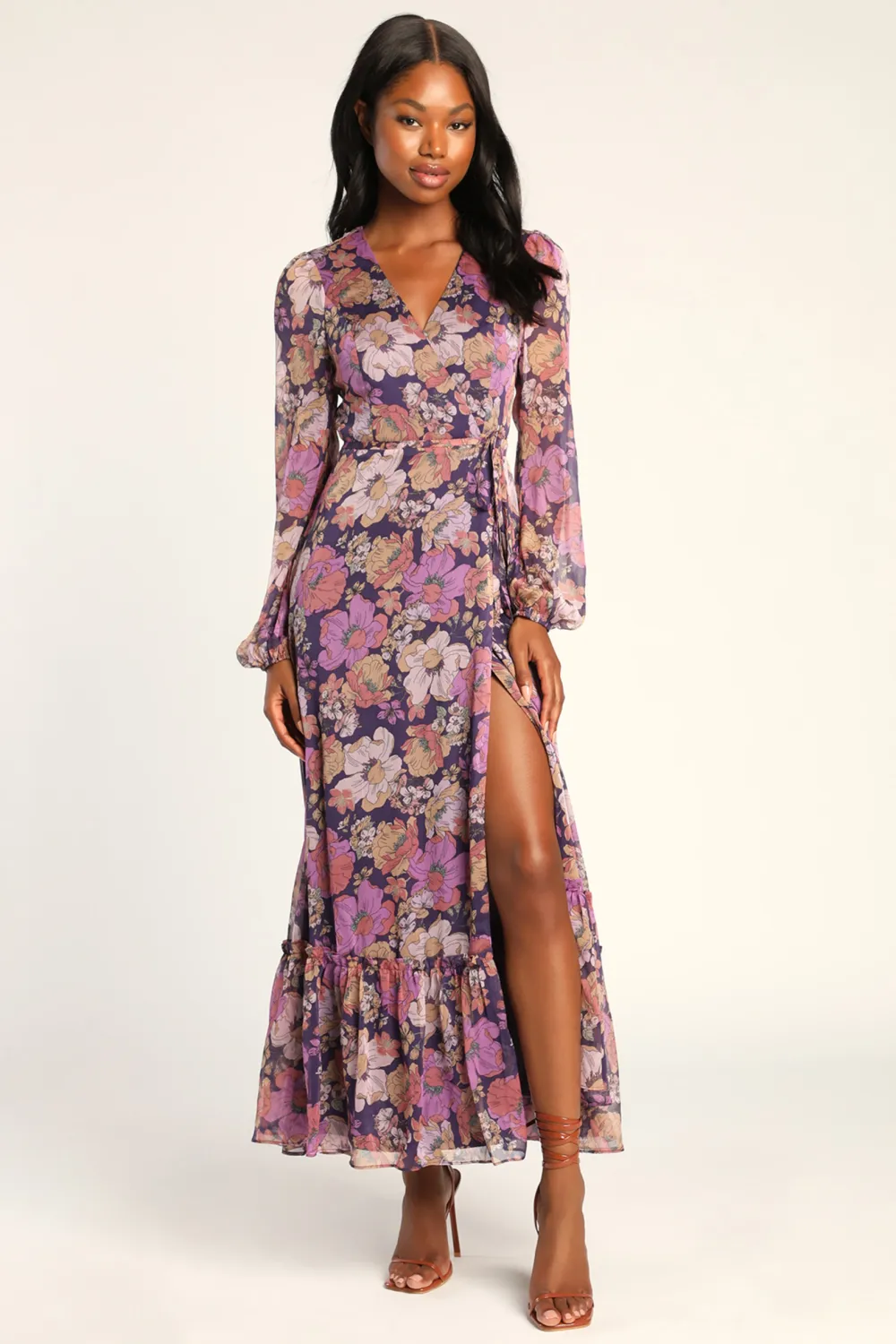 Feeling Sweet Purple Floral Print Long Sleeve Wrap Maxi Dress