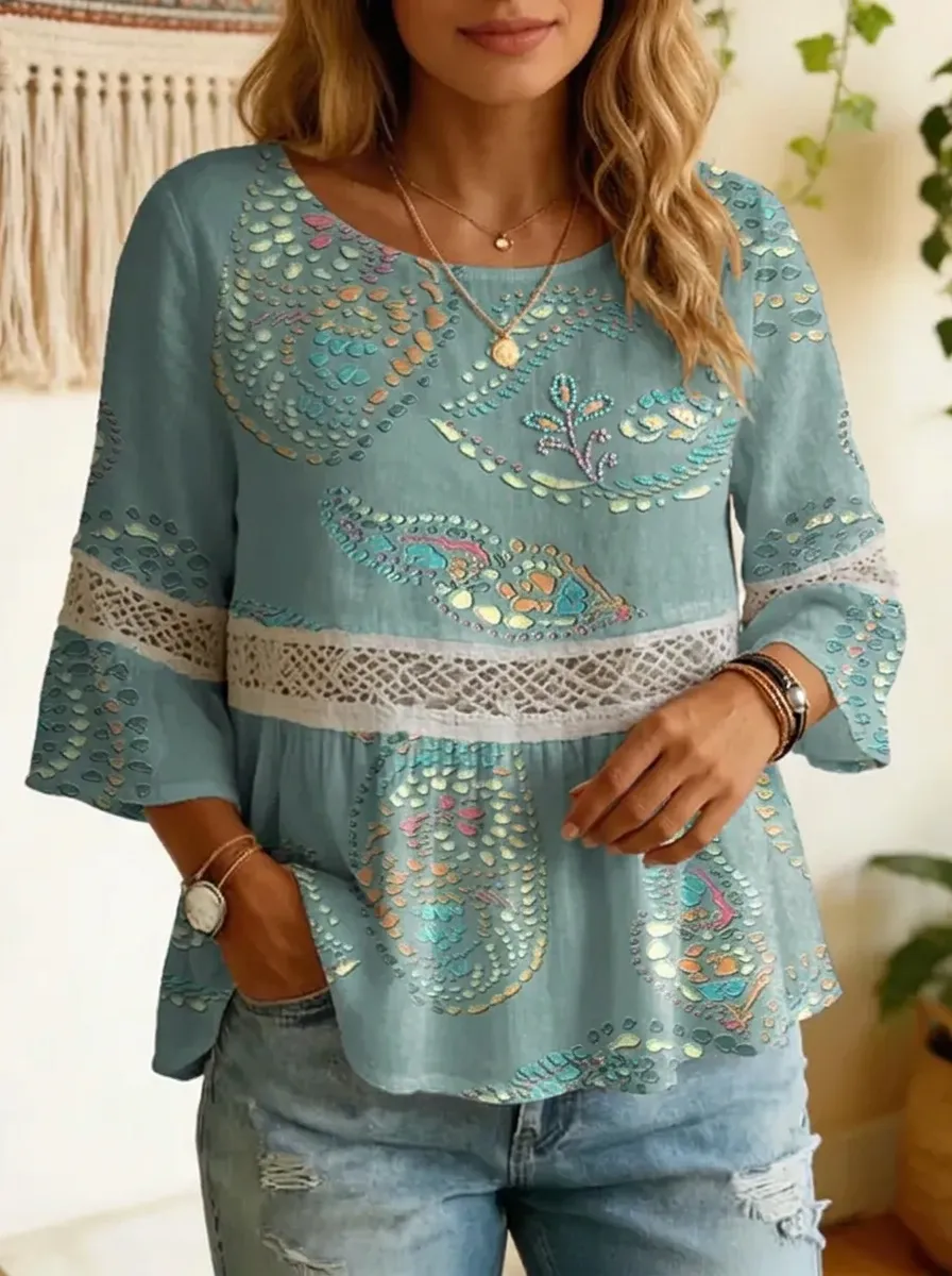 Women's Nashville Paisley Floral Lace Trim Printed Top