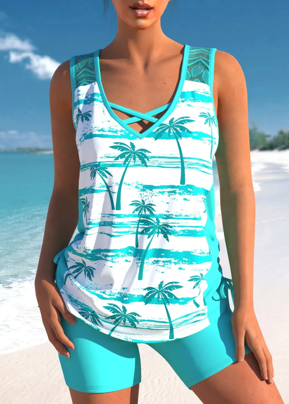 Floral Print Black Cross Strap Tankini Set