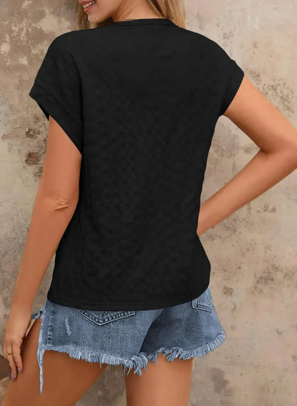 Dokotoo Tops for Women Trendy Summer Casual Cap Short Sleeve Basic Textured Solid Color Round Neck T Shirts Blouse